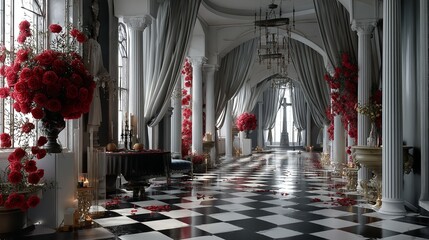 The inside of a gothic ballroom has a black and white checkered floor and an arrangement of red roses. draperies, columns, and a gray, weird crucifix. Generative Ai