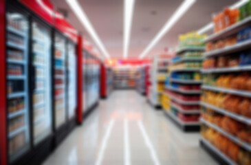 Fototapeta premium Supermarket blur. Abstract, colorful shopping background. Perfect for retail concepts or ads. Unfocused.
