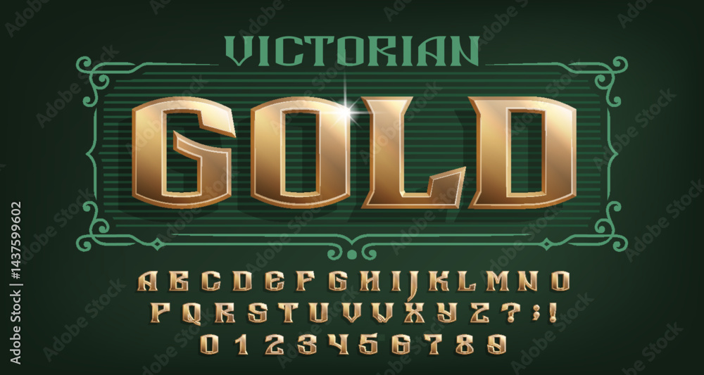 Fototapete victorian gold alphabet font. 3d old letters and numbers. stock vector typeface for your design.