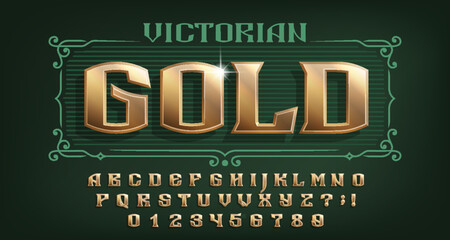 Victorian Gold alphabet font. 3d old letters and numbers. Stock vector typeface for your design.