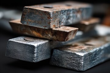 Ingots of beryllium metal stacked. metalworking in industry and scientific alloy bars. Solid element, production material. Generative Ai