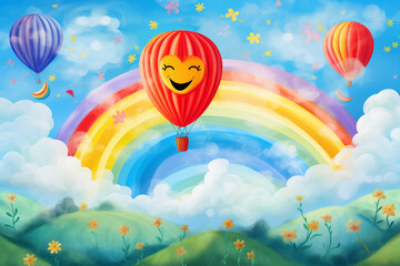 A red balloon with a happy face flying high in a bright blue sky with fluffy white clouds, rainbow trails behind