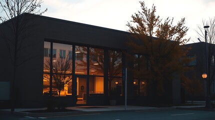 Chiaroscuro lighting illuminates an office building exterior in warm autumn colors earthy and cozy tones strong contrasts and deep shadows define the scene