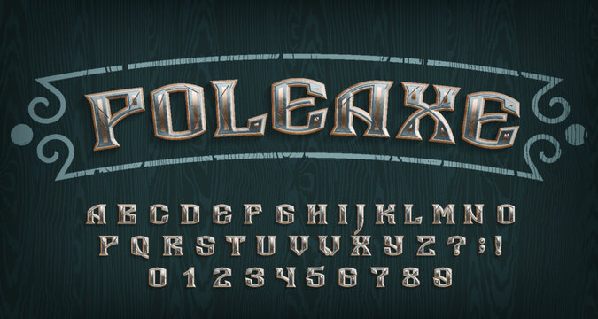 Poleaxe alphabet font. Medieval metal letters and numbers on a wooden background. Stock vector typescript for your typography design.