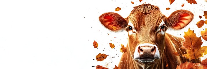 Charming Cow Amidst Falling Autumn Leaves Ideal for seasonal promotions and farm related projects