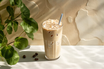A Iced latte glass surrounded by green leaves, a straw, set on a light stone background 