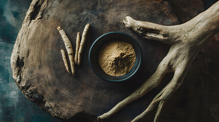 A bowl of powder is sitting on a wooden table next to a branch