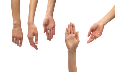 Hands in various positions against a white background