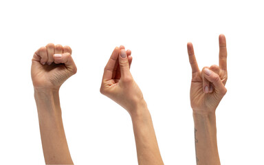Hands in various positions against a white background