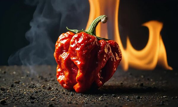 A fiery red chili pepper with flames and smoke, evoking intense heat.