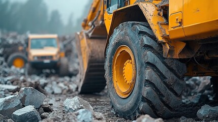 A yellow excavator working at a construction site, surrounded by rubble and dirt, with other construction vehicles in the background