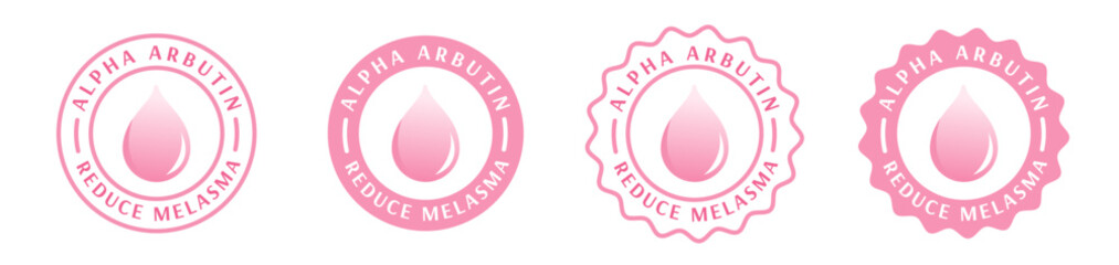 serum ingredient alpha arbutin badge, seal, stamp, skincare formula to reduce melasma. cosmetic, beauty product 