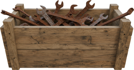 Rustic Wooden Crate Filled with Old Rusty Wrenches and Spanners Tools Background