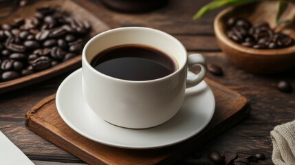 Dark Roast Coffee in White Cup on Wooden Table
