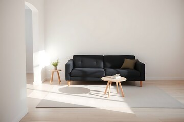 Minimalist Living Room with Dark Sofa and Natural Light, Simple Scandinavian Interior Design (Modern)                                                 