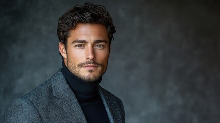 Obraz premium A man wearing a gray coat and a black turtleneck sweater, against a dark gray background, in a simple and elegant style, symbolizing fashion and maturity.