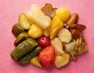 Colorful assorted pickled vegetables kitchen table food photography bright background top view