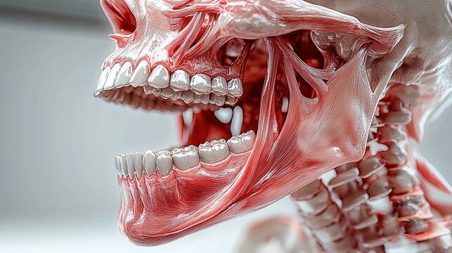 An anatomical diagram of the human jawbone and muscles, showing teeth and facial muscle structure, against a white background