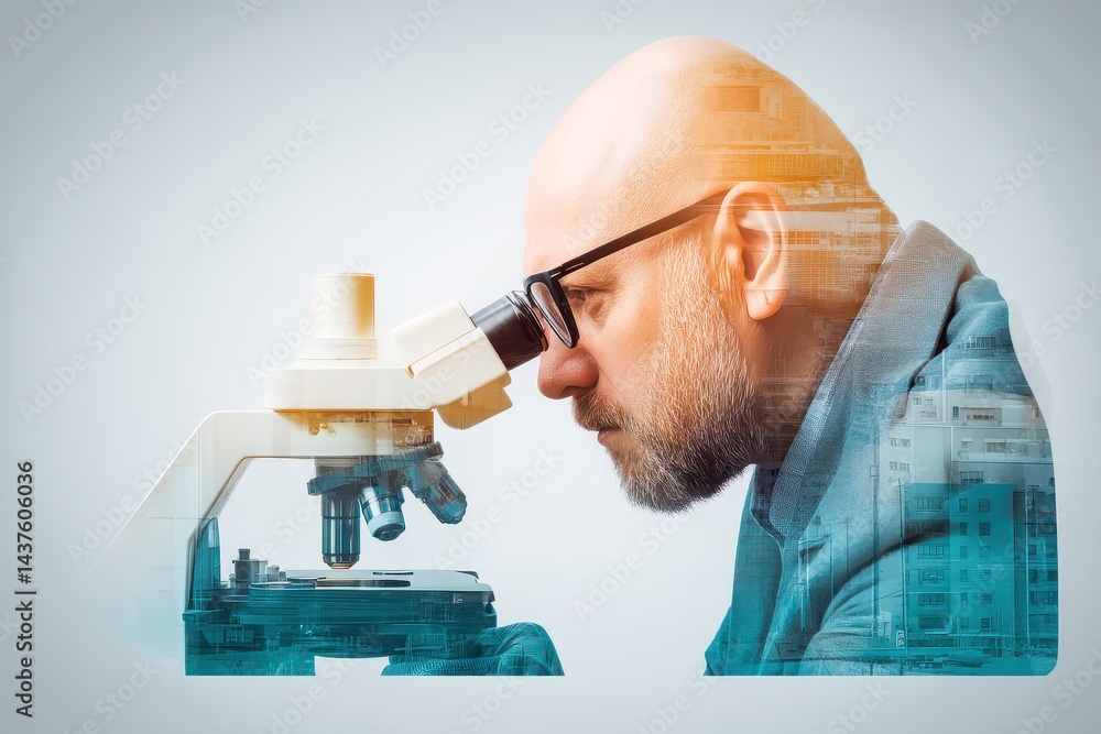 Aufkleber british scientist observing sample through microscope in double exposure style with urban background
