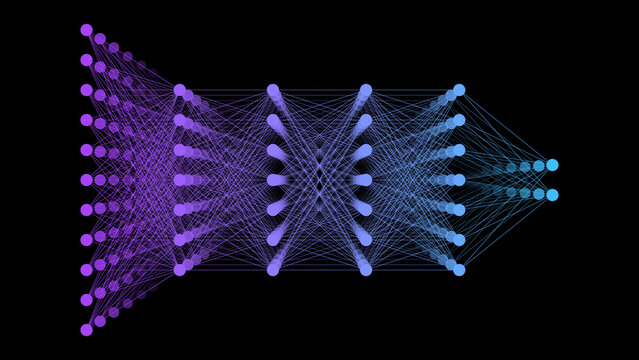 Diagram of an artificial intelligence neural network architecture, showcasing interconnected nodes and layers — ideal for illustrating AI principles and machine learning concepts.