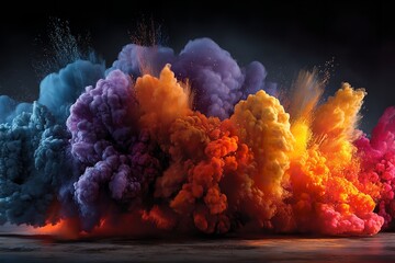 Spectacular burst of rainbow-colored powder against a black backdrop. The smooth blue, purple, yellow, and red ink paint exploded with smoke, fire, and flames. Generative Ai