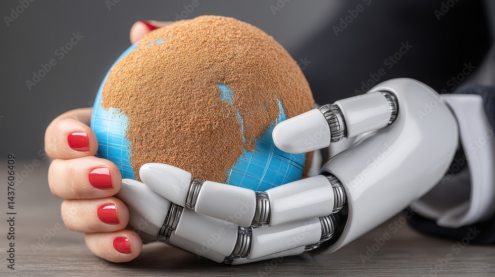 Poster hands of technology cradling earth, symbolizing the intersection of robotics and environmental aware