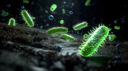Fototapeta premium Several glowing green rod-shaped bacteria against a dark background, with tiny light spots and water droplets, in a sci-fi and microscopic style, symbolizing microbes and scientific research.
