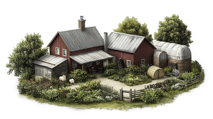 charming farmhouse surrounded by lush greenery and farm animals, evoking peaceful rural