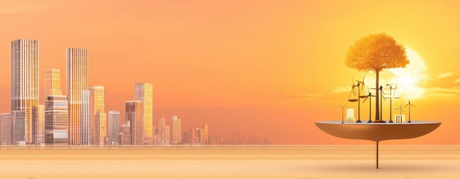 Serene Silhouette of a Tree, Instruments, and Cityscape Against a Sunset Background Representing British Science and Nature