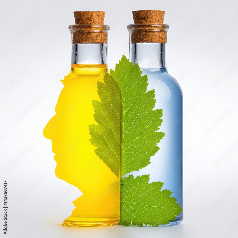 Aufkleber artistic visualization of science concept with bottles and leaf integration in pastel tones
