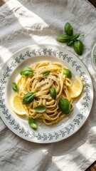 Plate of spaghetti aglio e olio with lemon slices and fresh basil on linen cloth