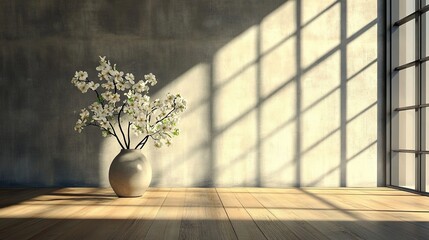 A minimalist indoor scene image with a light-colored vase filled with white flowers on a wooden floor, set against a gray wall, with sunlight streaming through a window