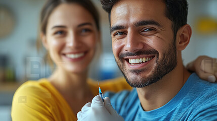 Happy couple receiving vaccination, joyful expressions.