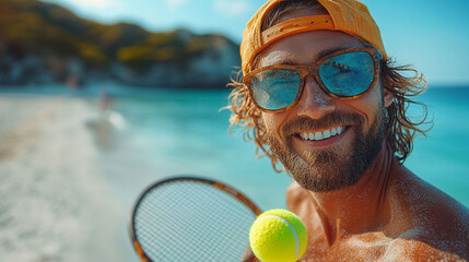 Man smiling, holding tennis racket and ball on a beach.