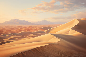 A sense of the desert landscape stretches endlessly, with rolling sand dunes casting long shadows under a vast, pastel-toned sky