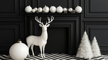 Christmas elements in black and white chaos indoor decor holiday spirit cozy environment artistic perspective