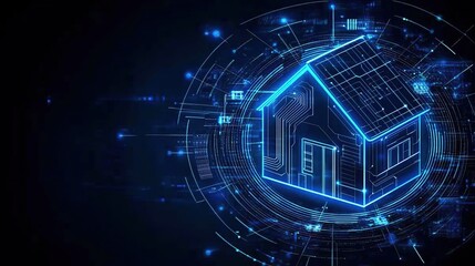 A digital image of a house made of blue holographic lines, surrounded by data network lines, set against a dark background, showcasing the futuristic concept of a smart home.