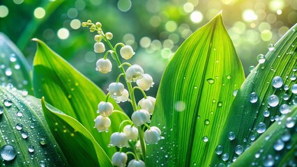 Sparkling Lily of the Valley: Delicate White Blooms with Vibrant Green Leaves and Water Droplets