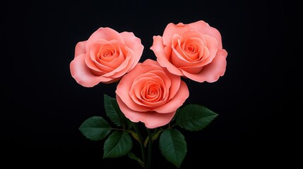 Three Peach Roses Against Black Background