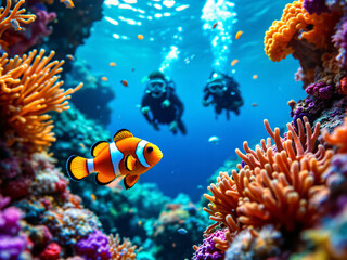 Fototapeta premium Vibrant coral reef with divers and a clownfish in a clear blue underwater scene.