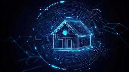 Obraz premium A digital image of a house made of blue holographic lines, surrounded by data network lines, set against a dark background, showcasing the futuristic concept of a smart home.