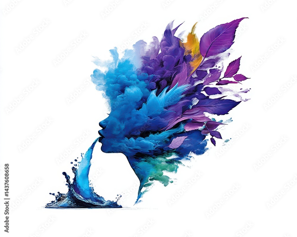 Poster ethereal portrait of a face surrounded by colorful abstract elements representing nature and creativ