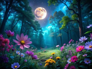 Night Forest Flowers, Gentle Breeze, Lush Greenery, Dark Nature Scene, Illuminated Blooms