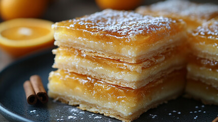 Stacked orange cream bars with powdered sugar topping. Layers of buttery shortbread, orange zest custard, and sweet pastry.