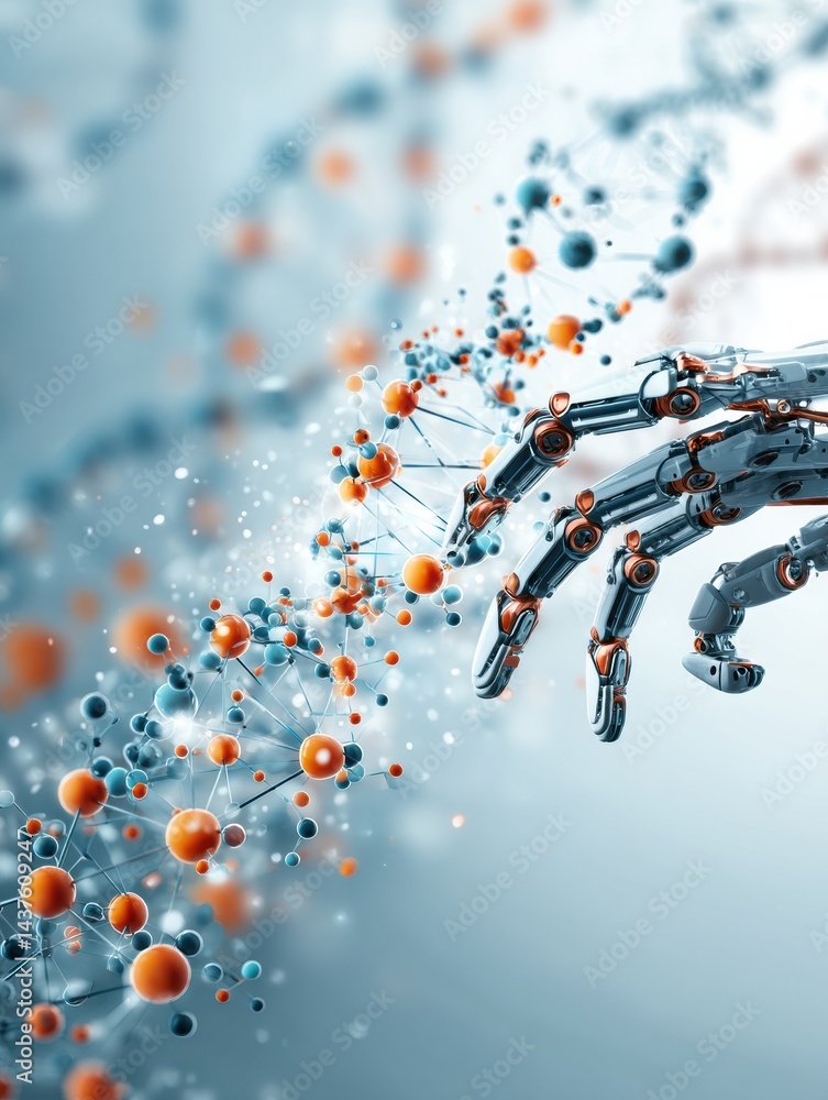 Aufkleber robotic hand reaches for digital dna strand in a futuristic technological environment