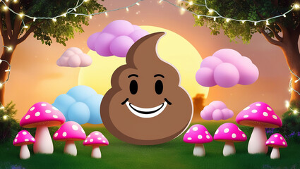 Fototapeta premium Whimsical scene with smiling cartoon poop emoji surrounded by fluffy colorful clouds, pink mushrooms, and fairy lights at sunset. 