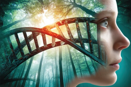 British Science Week Concept with Double Exposure Artistic Representation of Nature and DNA in a Minimalistic Style