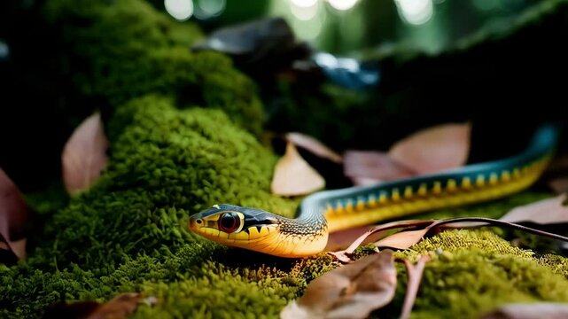 A yellow-black snake crawls on the moss.
