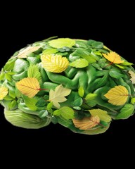 Green Brain Surrounded by Vibrant Leaves, Symbolizing Nature and Knowledge, Ideal for Environmental and Educational Themes