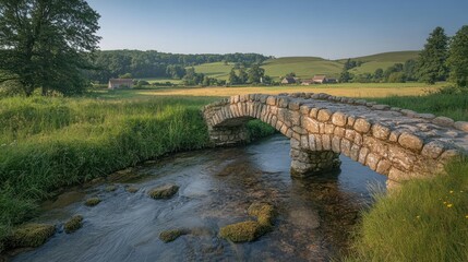 Fototapeta premium Stone arch bridge over stream, rural valley, morning light